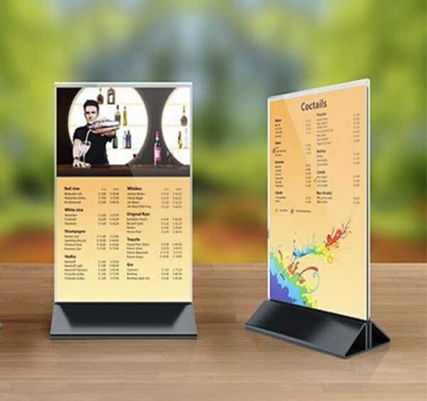 menu mica để bàn đế tam giác, menu chân đế tam giác, menu mica để bàn, menu mica theo yêu cầu